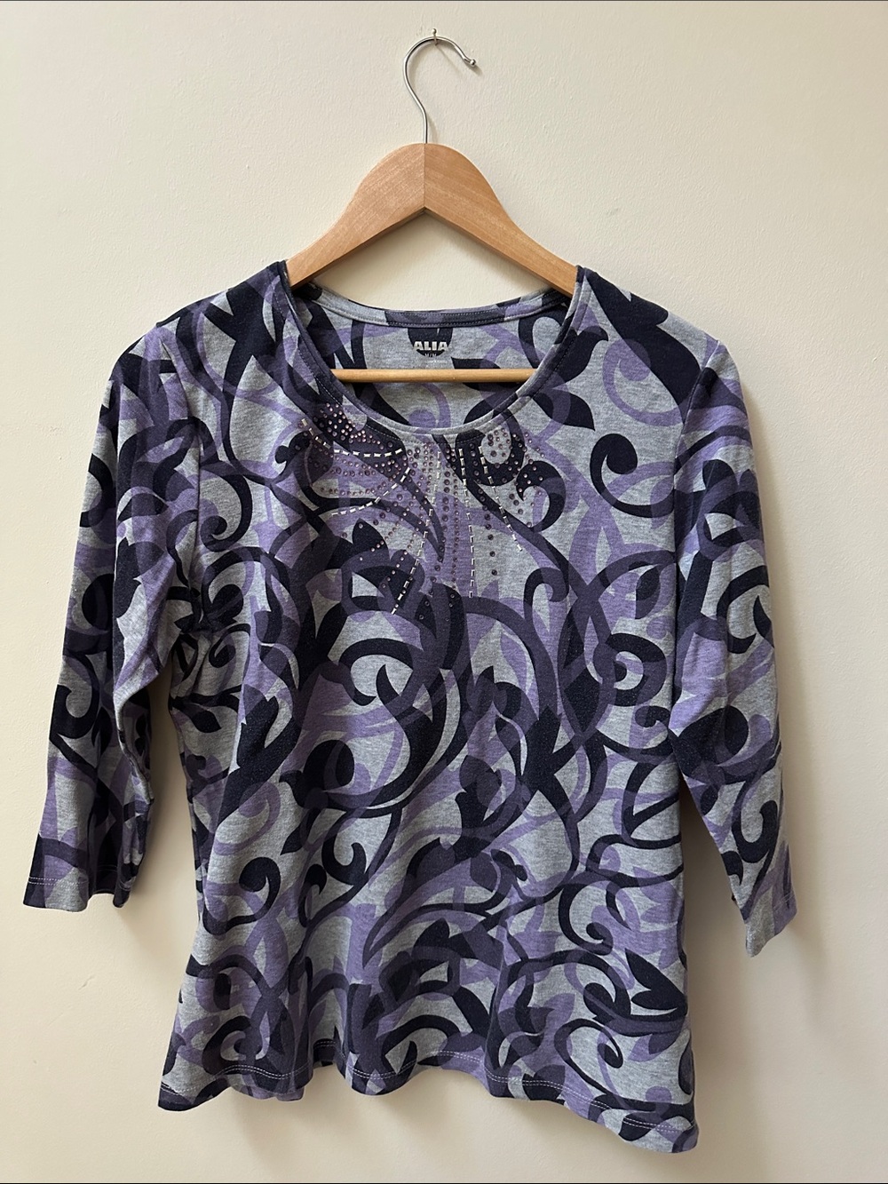 Alia Lavender and Black Swirl Long Sleeve Top with Rhinestone Detail